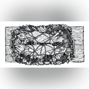 Prints or custom art available Trout platter: ink art kitchen cabin fish cooking
